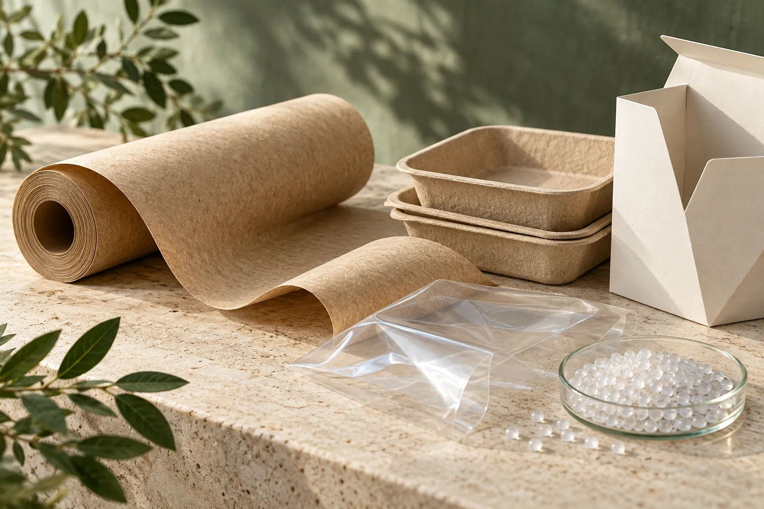 AI-generated editorial still life of assorted packaging.