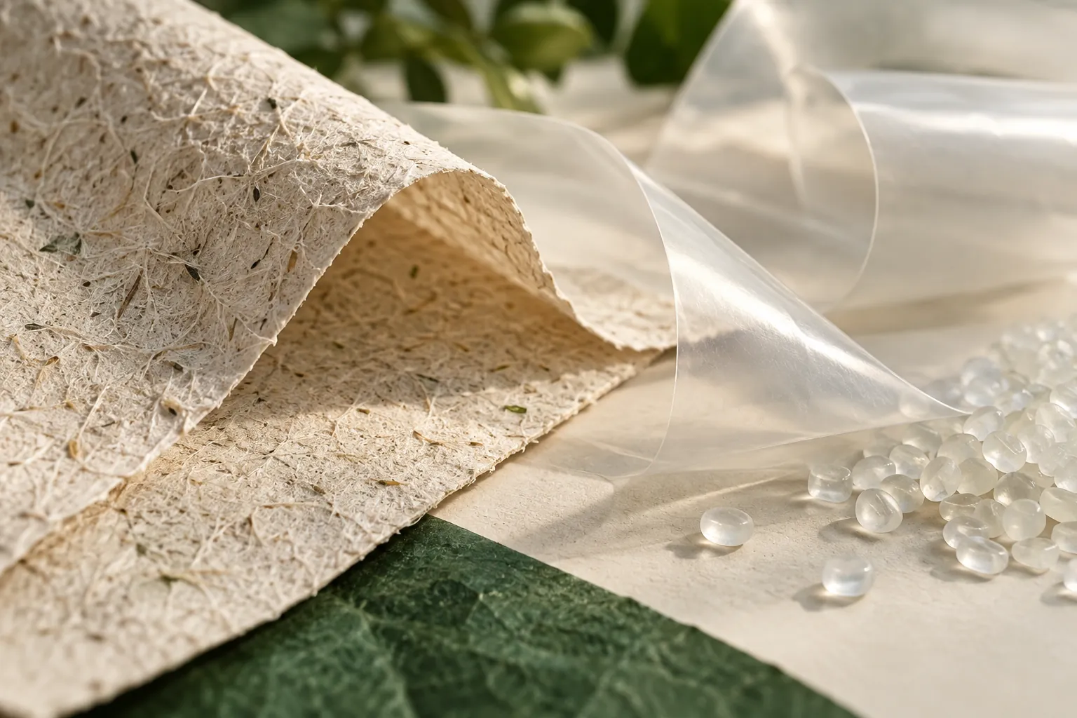 AI-generated editorial still life of packaging samples and material textures.