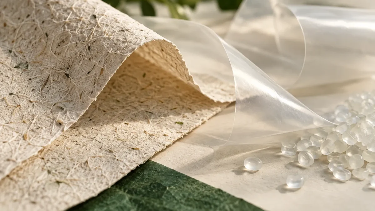 Illustrative packaging and material samples; AI-generated editorial image
