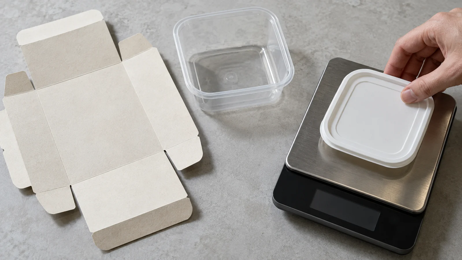 AI-generated illustration of separate paperboard and plastic packaging components beside a weighing scale.